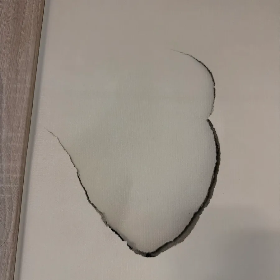 마루 옆 벽지가 넓게 떨어진 파손 현장